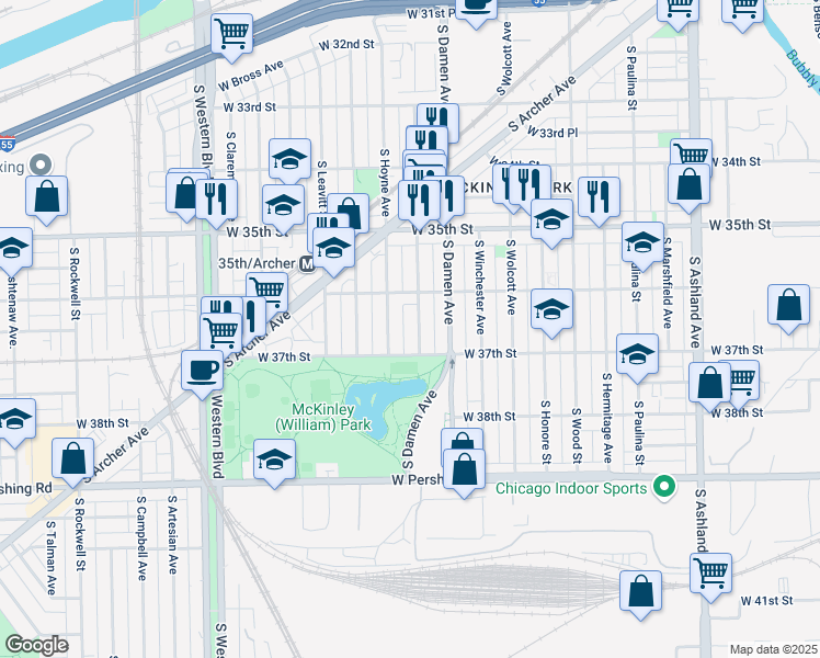 map of restaurants, bars, coffee shops, grocery stores, and more near 3636 South Seeley Avenue in Chicago
