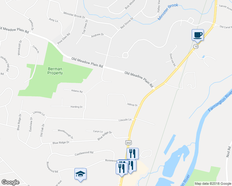 map of restaurants, bars, coffee shops, grocery stores, and more near 75 Hilltop Drive in Simsbury