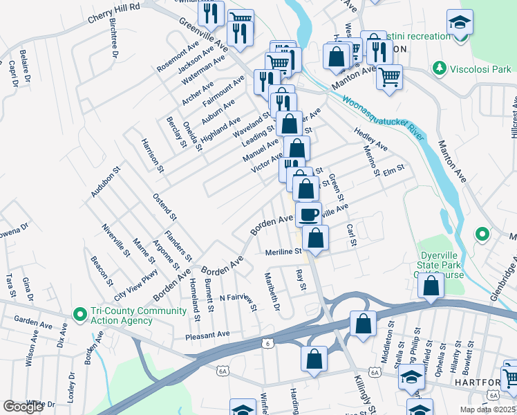 map of restaurants, bars, coffee shops, grocery stores, and more near 71 King St in Johnston