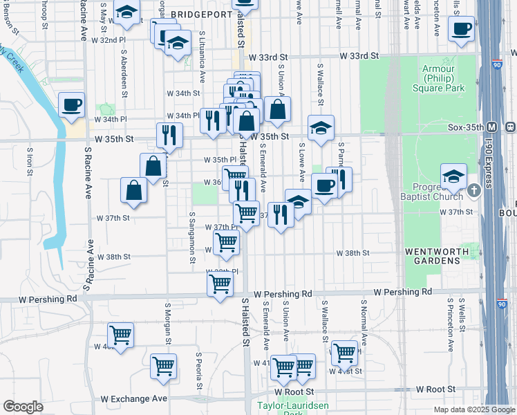 map of restaurants, bars, coffee shops, grocery stores, and more near 3648 South Emerald Avenue in Chicago