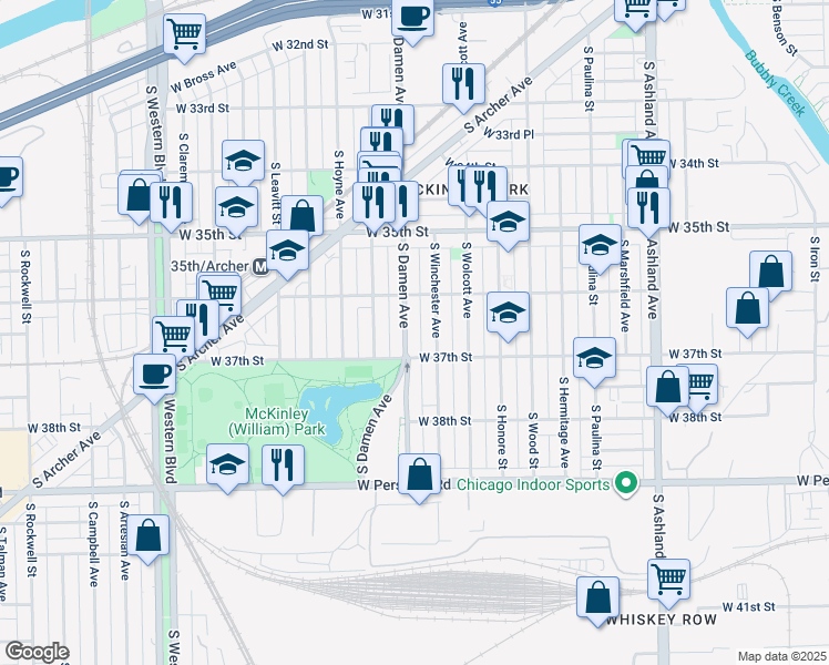 map of restaurants, bars, coffee shops, grocery stores, and more near 3637 South Damen Avenue in Chicago