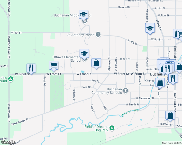 map of restaurants, bars, coffee shops, grocery stores, and more near 109 Ottawa Street in Buchanan