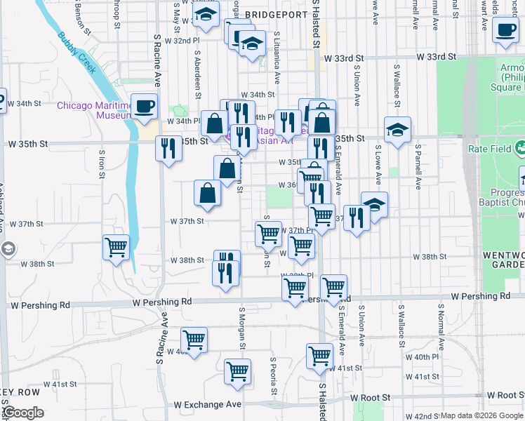 map of restaurants, bars, coffee shops, grocery stores, and more near 3700 South Sangamon Street in Chicago