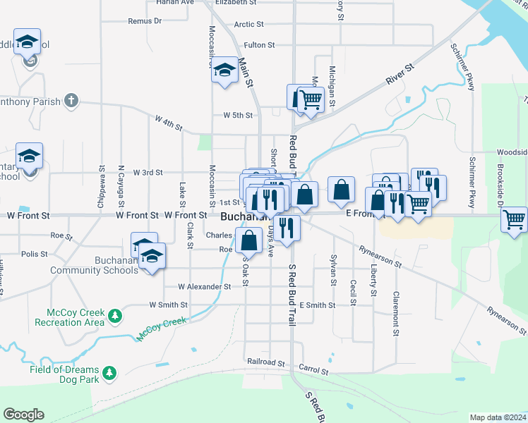map of restaurants, bars, coffee shops, grocery stores, and more near 203 East Front Street in Buchanan