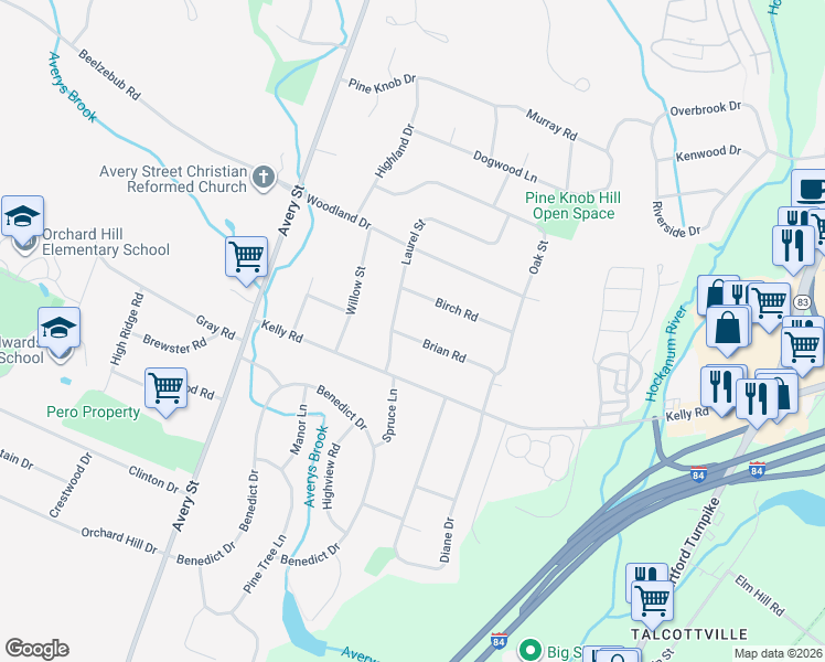 map of restaurants, bars, coffee shops, grocery stores, and more near 16 Brian Road in South Windsor