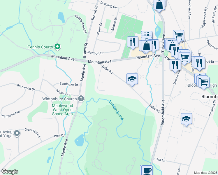 map of restaurants, bars, coffee shops, grocery stores, and more near 17 Puritan Drive in Bloomfield