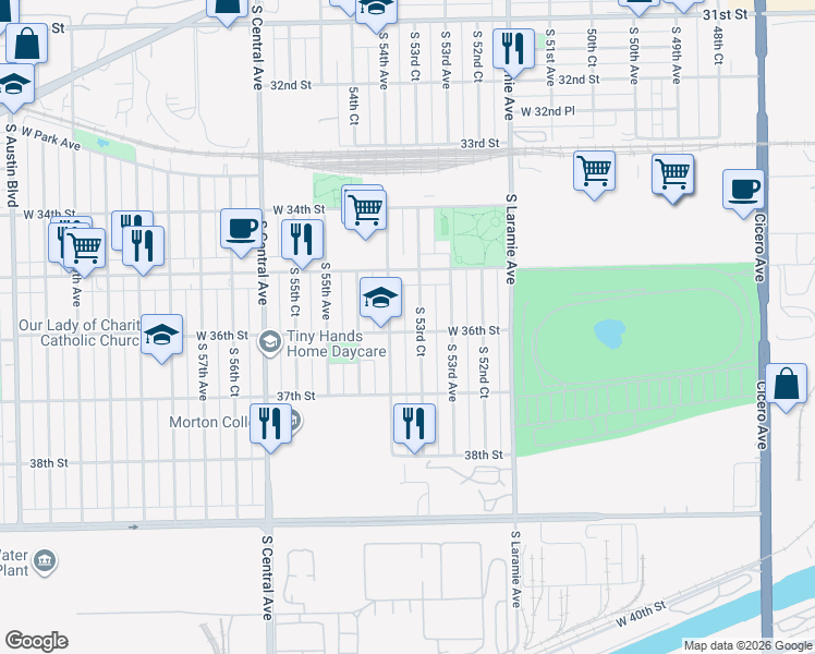 map of restaurants, bars, coffee shops, grocery stores, and more near 3544 West 36th Street in Cicero