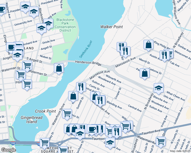 map of restaurants, bars, coffee shops, grocery stores, and more near 85 Massasoit Avenue in East Providence