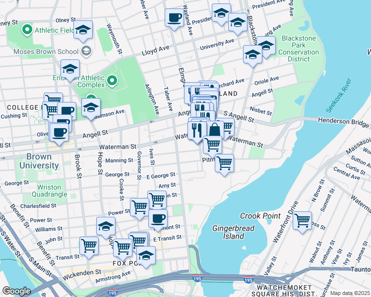 map of restaurants, bars, coffee shops, grocery stores, and more near 106 East Manning Street in Providence