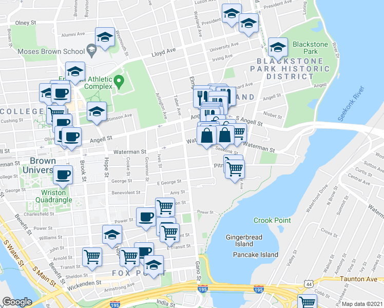 map of restaurants, bars, coffee shops, grocery stores, and more near 106 East Manning Street in Providence