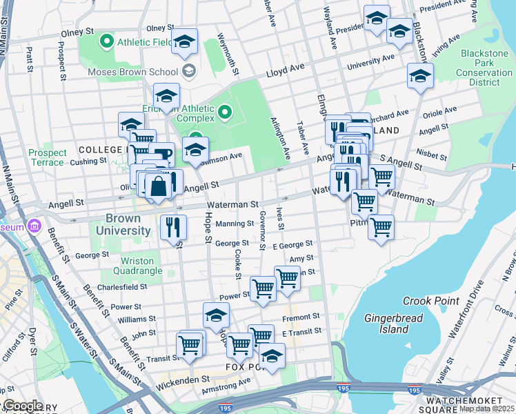 map of restaurants, bars, coffee shops, grocery stores, and more near 163 Waterman Street in Providence