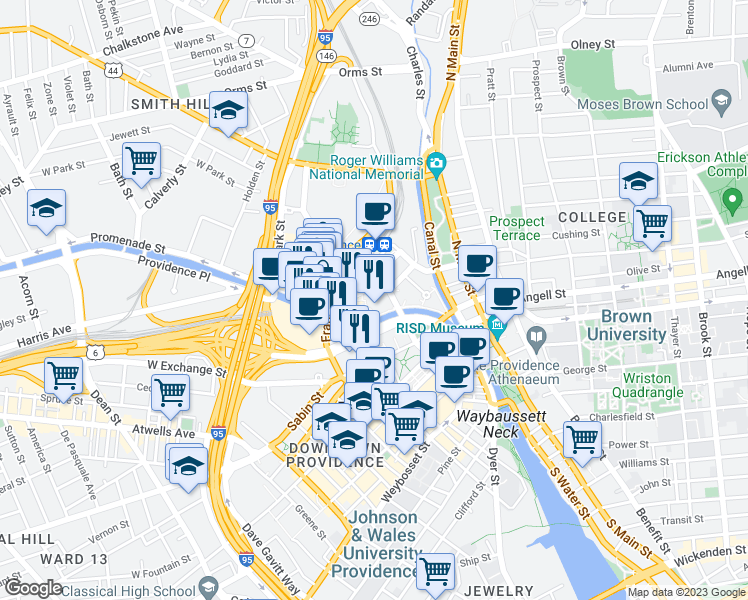 map of restaurants, bars, coffee shops, grocery stores, and more near 200 Exchange Street in Providence
