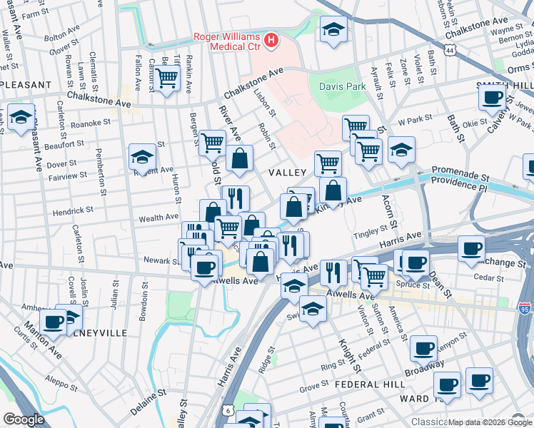 map of restaurants, bars, coffee shops, grocery stores, and more near 406 Valley Street in Providence