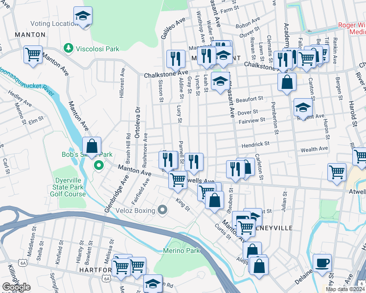 map of restaurants, bars, coffee shops, grocery stores, and more near 76 Parnell Street in Providence