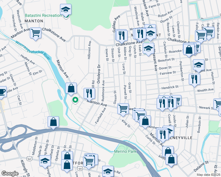 map of restaurants, bars, coffee shops, grocery stores, and more near 28R Maynard Street in Providence