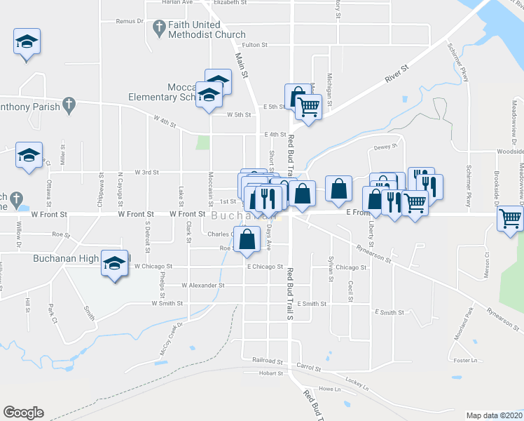 map of restaurants, bars, coffee shops, grocery stores, and more near 215 East Front Street in Buchanan