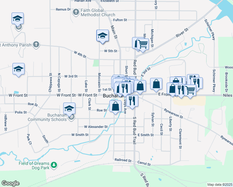 map of restaurants, bars, coffee shops, grocery stores, and more near in Buchanan
