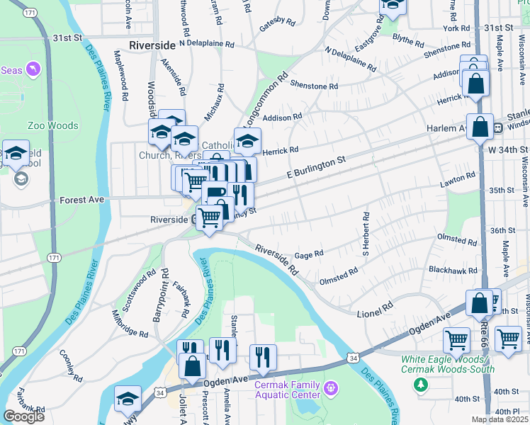 map of restaurants, bars, coffee shops, grocery stores, and more near 69 East Quincy Street in Riverside