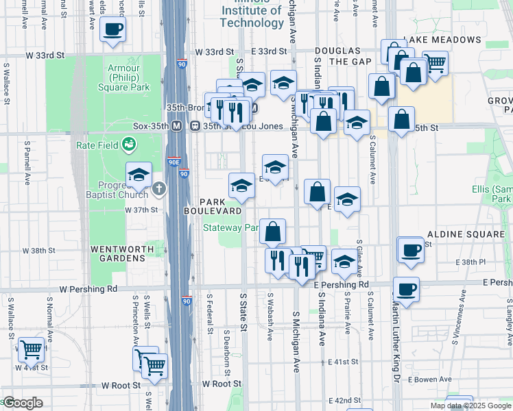 map of restaurants, bars, coffee shops, grocery stores, and more near 14 East 37th Street in Chicago