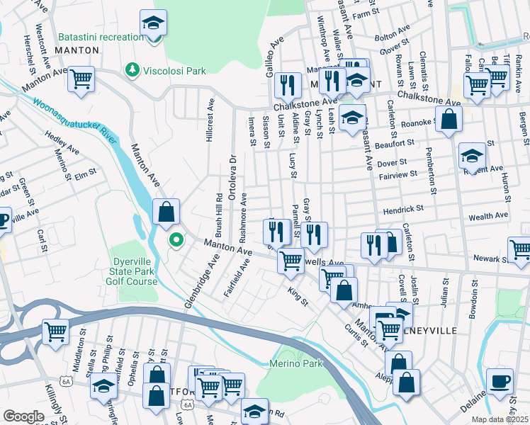 map of restaurants, bars, coffee shops, grocery stores, and more near 28R Maynard Street in Providence