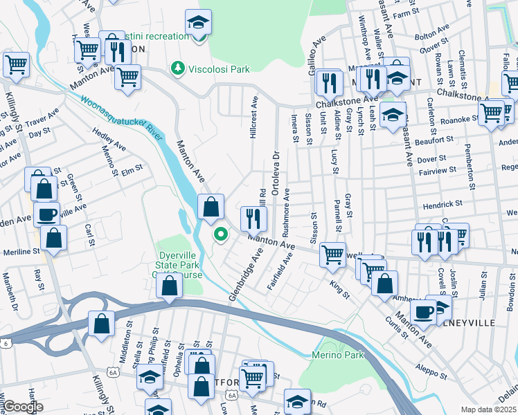 map of restaurants, bars, coffee shops, grocery stores, and more near 50 Brush Hill Road in Providence
