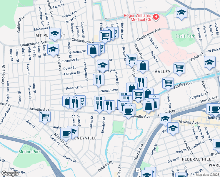 map of restaurants, bars, coffee shops, grocery stores, and more near 44 Wealth Avenue in Providence