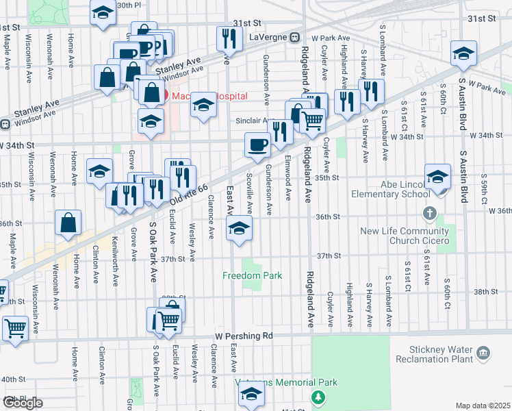 map of restaurants, bars, coffee shops, grocery stores, and more near 3533 Scoville Avenue in Berwyn