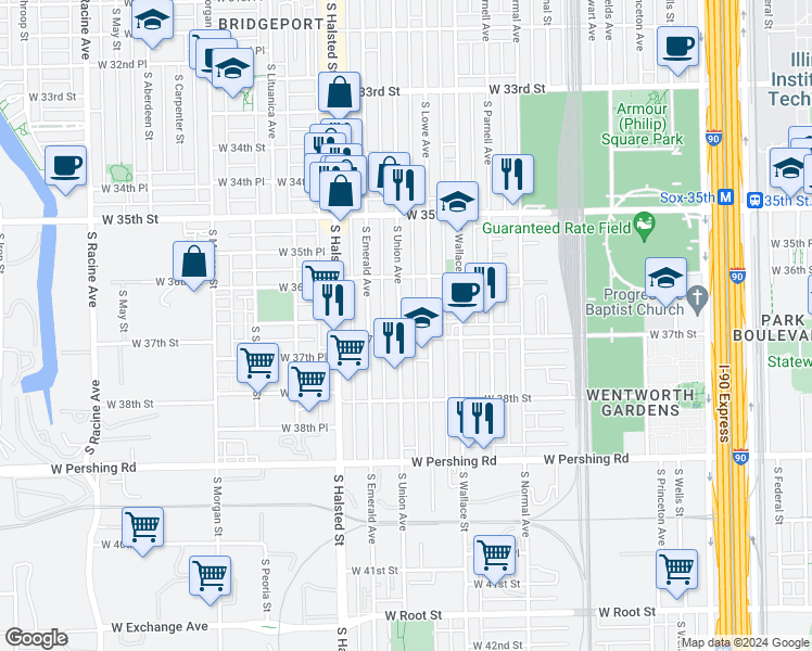 map of restaurants, bars, coffee shops, grocery stores, and more near 3649 South Union Avenue in Chicago