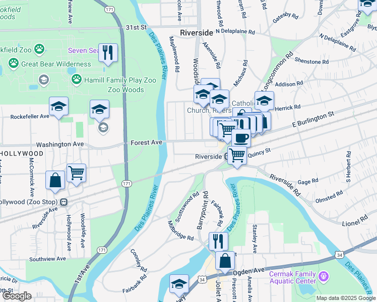 map of restaurants, bars, coffee shops, grocery stores, and more near 96 Pine Avenue in Riverside