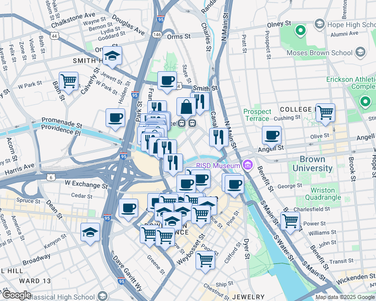 map of restaurants, bars, coffee shops, grocery stores, and more near 100 Exchange Street in Providence