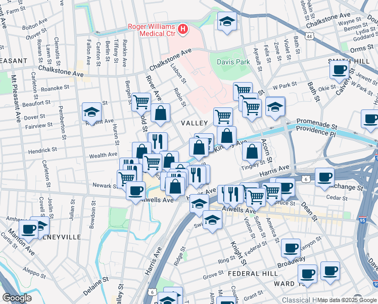 map of restaurants, bars, coffee shops, grocery stores, and more near 429 Valley Street in Providence