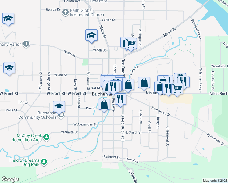map of restaurants, bars, coffee shops, grocery stores, and more near 215 East Front Street in Buchanan