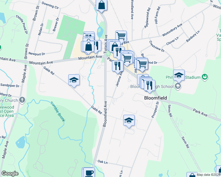 map of restaurants, bars, coffee shops, grocery stores, and more near 700 Bloomfield Avenue in Bloomfield