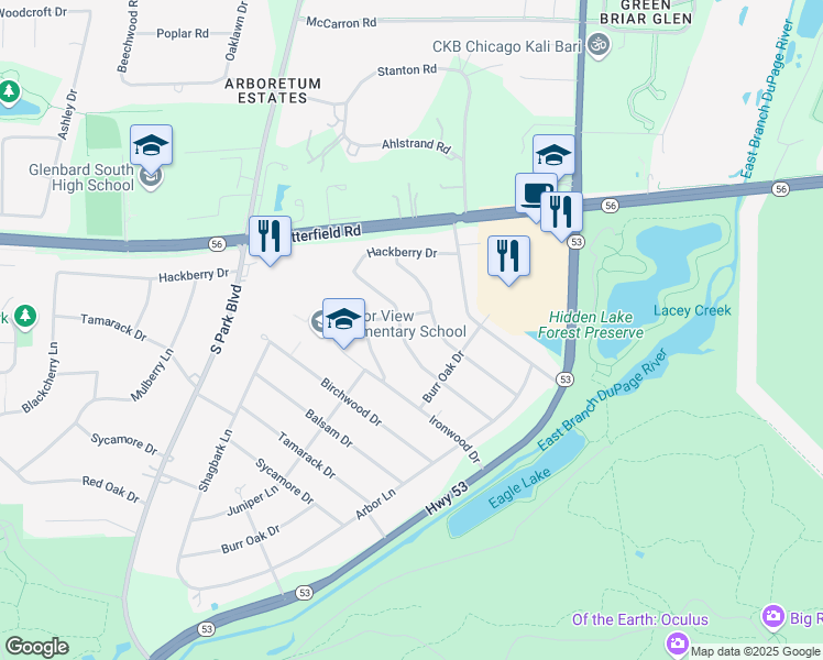 map of restaurants, bars, coffee shops, grocery stores, and more near 3S131 Cypress Drive in Glen Ellyn