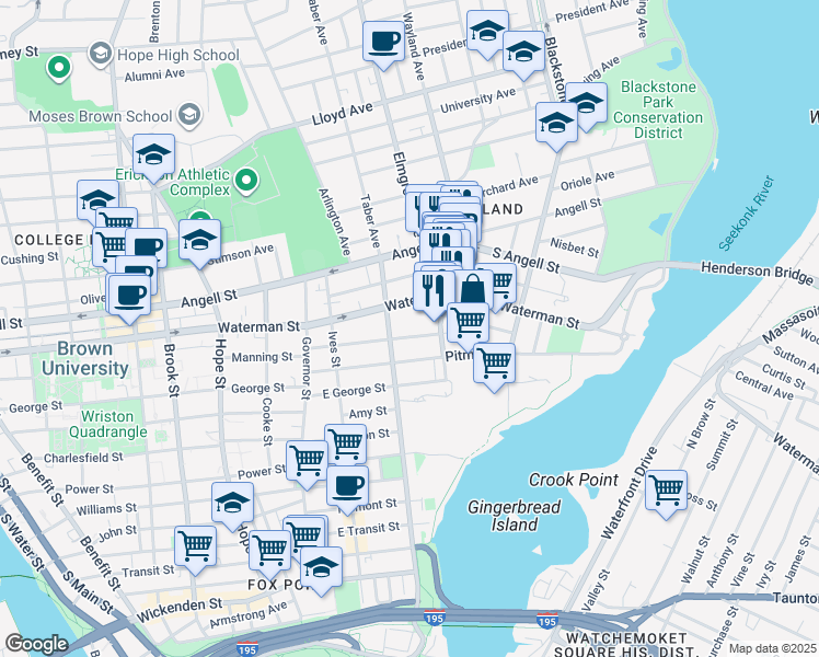map of restaurants, bars, coffee shops, grocery stores, and more near 96 East Manning Street in Providence