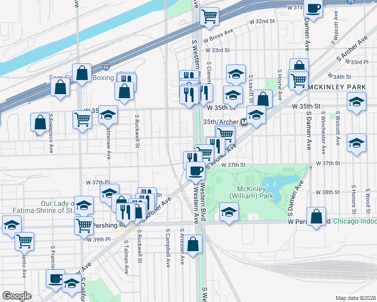 map of restaurants, bars, coffee shops, grocery stores, and more near 3680 South Archer Avenue in Chicago