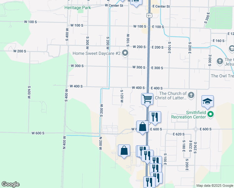 map of restaurants, bars, coffee shops, grocery stores, and more near 120 West 400 South in Smithfield