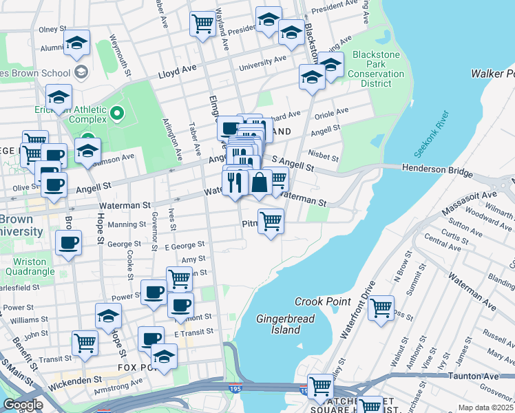 map of restaurants, bars, coffee shops, grocery stores, and more near 150 East Manning Street in Providence
