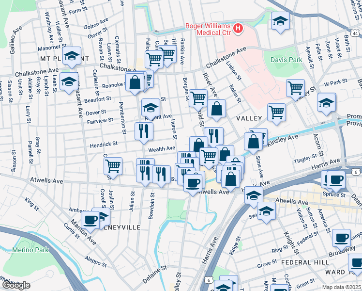 map of restaurants, bars, coffee shops, grocery stores, and more near 40 Allston Street in Providence