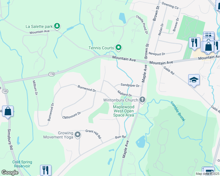 map of restaurants, bars, coffee shops, grocery stores, and more near 17 Mallard Drive in Bloomfield