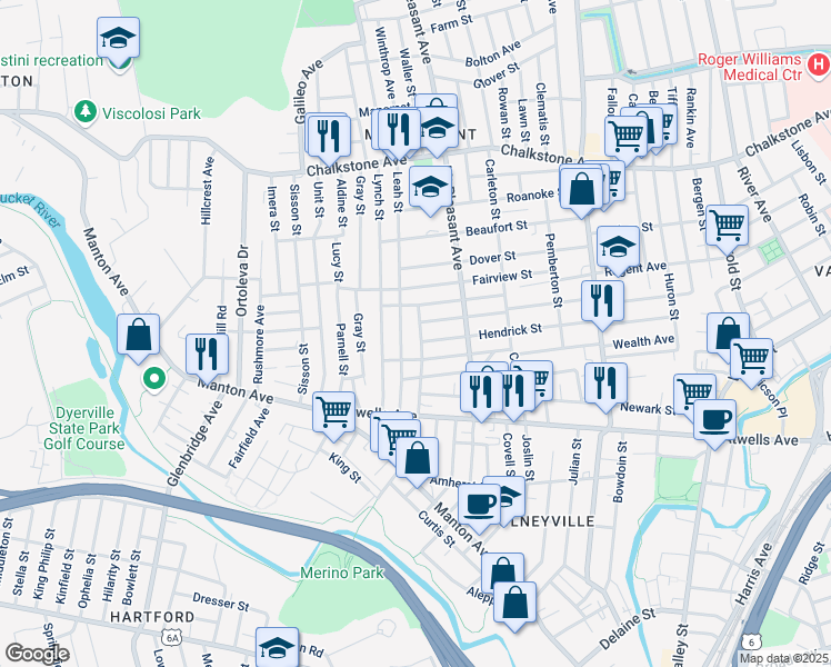 map of restaurants, bars, coffee shops, grocery stores, and more near 130 Erastus Street in Providence