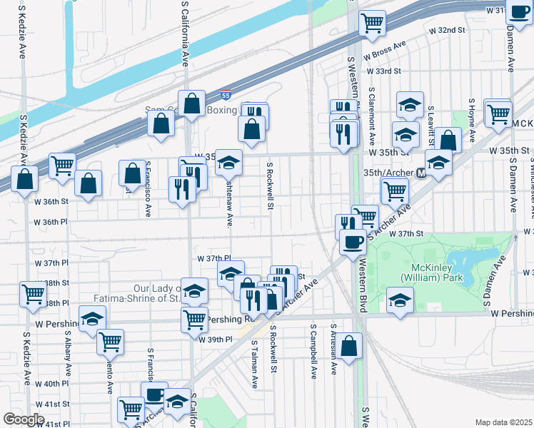 map of restaurants, bars, coffee shops, grocery stores, and more near 3620 South Rockwell Street in Chicago