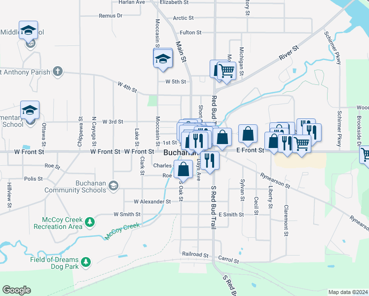 map of restaurants, bars, coffee shops, grocery stores, and more near 103 East Front Street in Buchanan