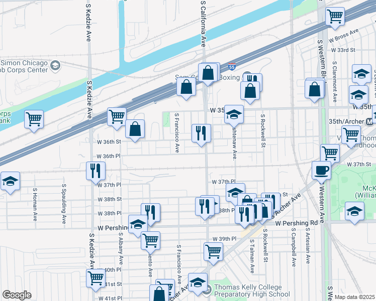 map of restaurants, bars, coffee shops, grocery stores, and more near 2838 West 36th Place in Chicago