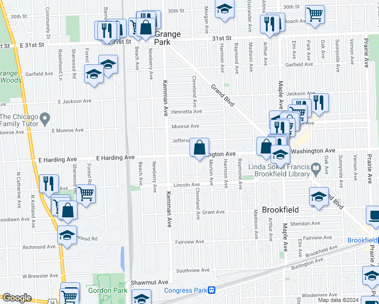 map of restaurants, bars, coffee shops, grocery stores, and more near 9508 Washington Avenue in Brookfield