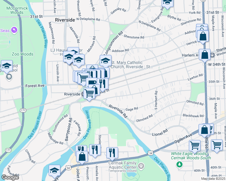 map of restaurants, bars, coffee shops, grocery stores, and more near 69 East Quincy Street in Riverside