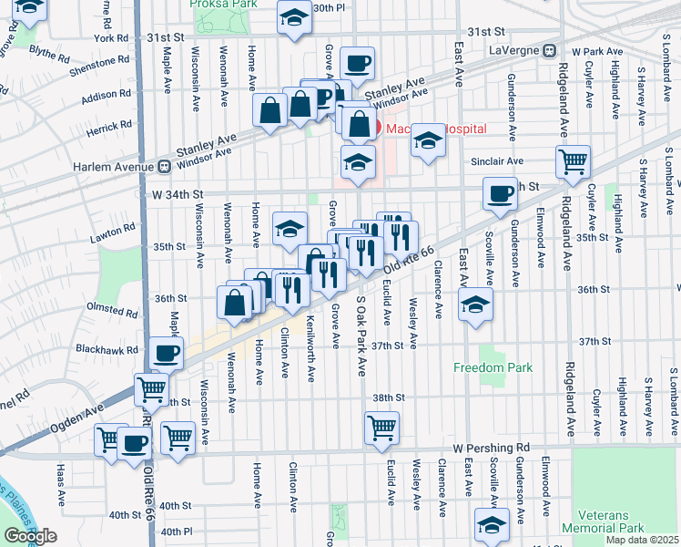 map of restaurants, bars, coffee shops, grocery stores, and more near 3527 Grove Avenue in Berwyn