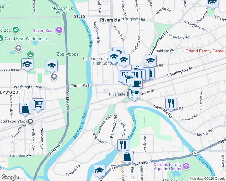 map of restaurants, bars, coffee shops, grocery stores, and more near 62 Pine Avenue in Riverside
