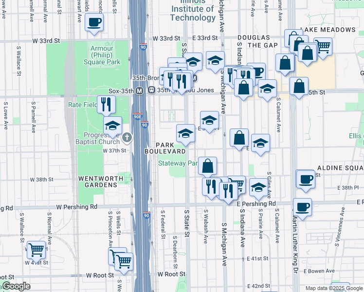 map of restaurants, bars, coffee shops, grocery stores, and more near 4 West 37th Street in Chicago