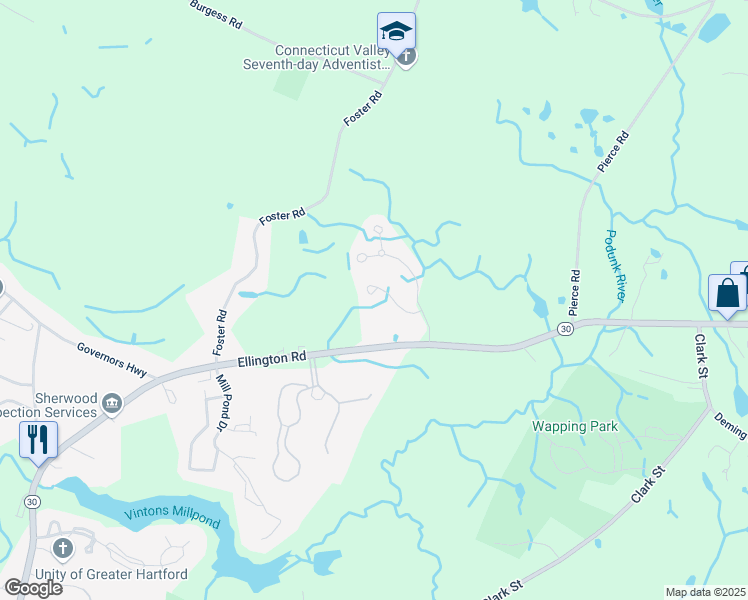 map of restaurants, bars, coffee shops, grocery stores, and more near 19 Arrowwood Circle in South Windsor